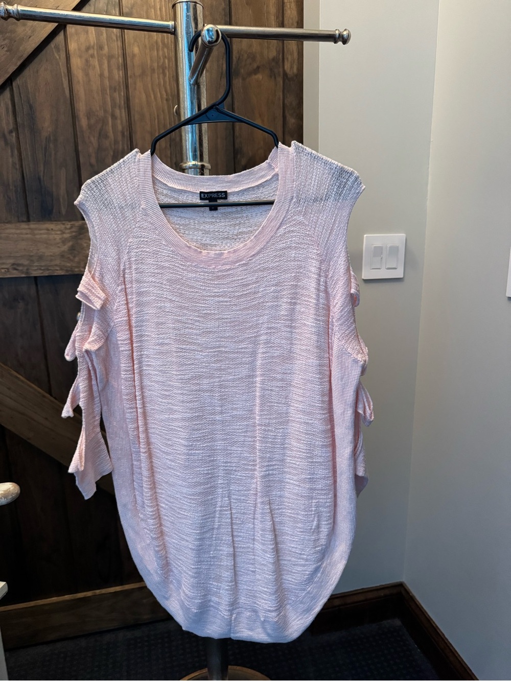 Express Pale Pink Cold-Shoulder Knit Top with Tie Sleeve Detail